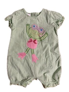 Cre8ions Baby Girl Green Check Romper With Pink Frog Appliqué